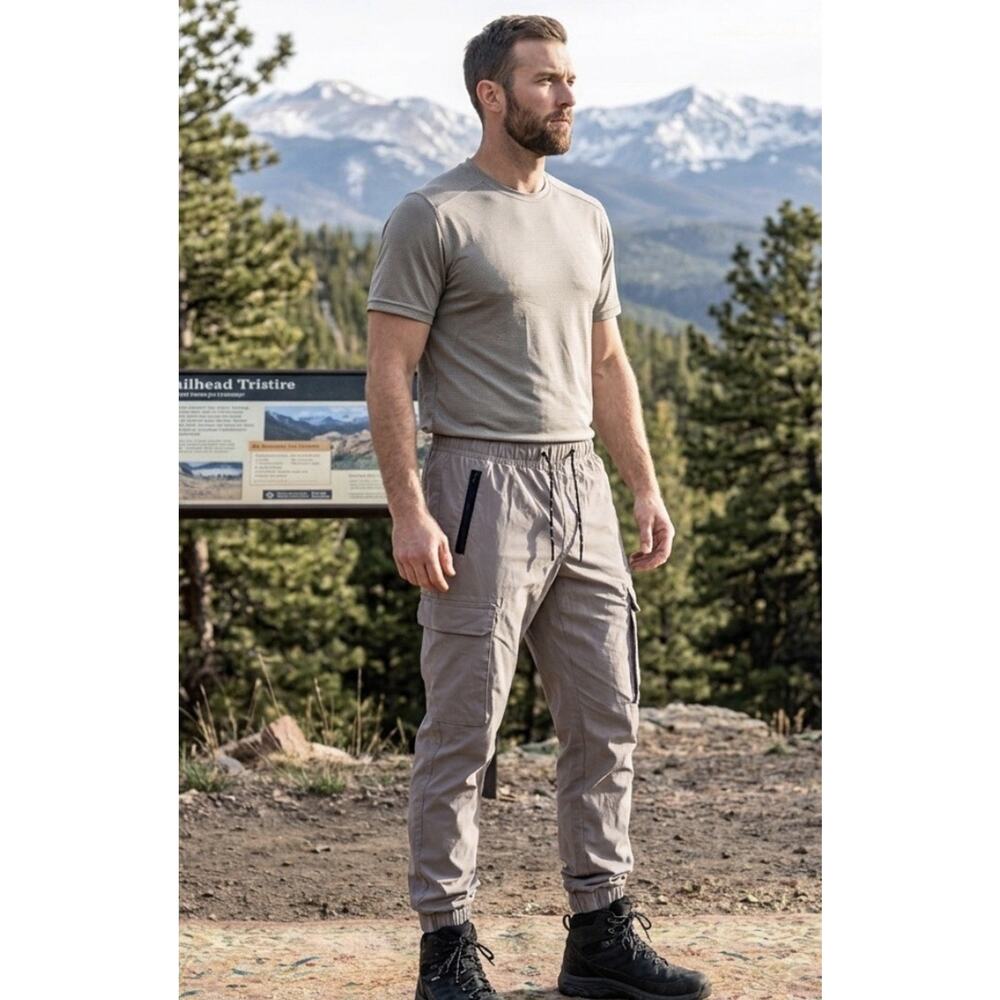 Ring Of Fire Relaxed Cargo Jogger Pants Taupe Drawstring Waist Hiking Stretch L